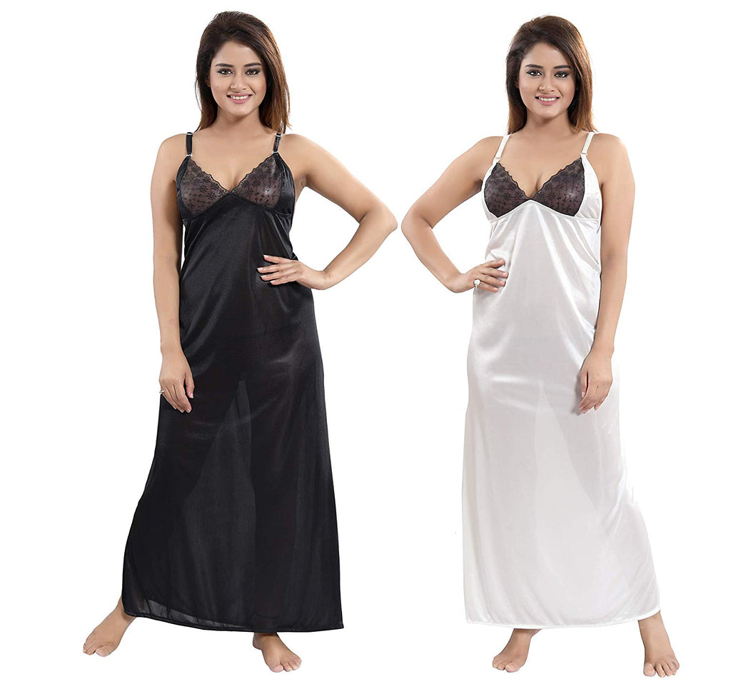 Women's Satin Fabric Slip/Nighty/Nightwear Smart Combo (Pack of 2) Contrast Design