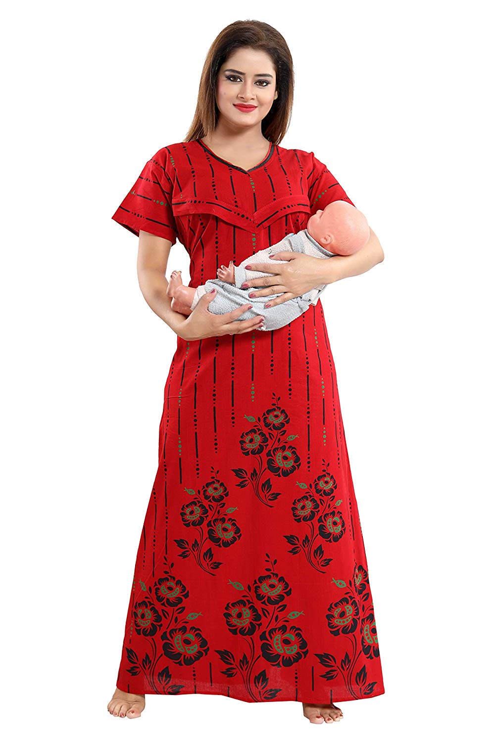 Women's Beautiful Print Cotton Fabric with V Pattern Feeding/Maternity/Nursing Nighty/Nightwear.