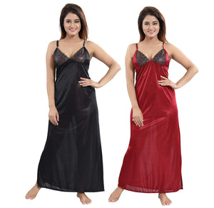 Women's Satin Fabric Slip/Nighty/Nightwear Smart Combo (Pack of 2) Contrast Design