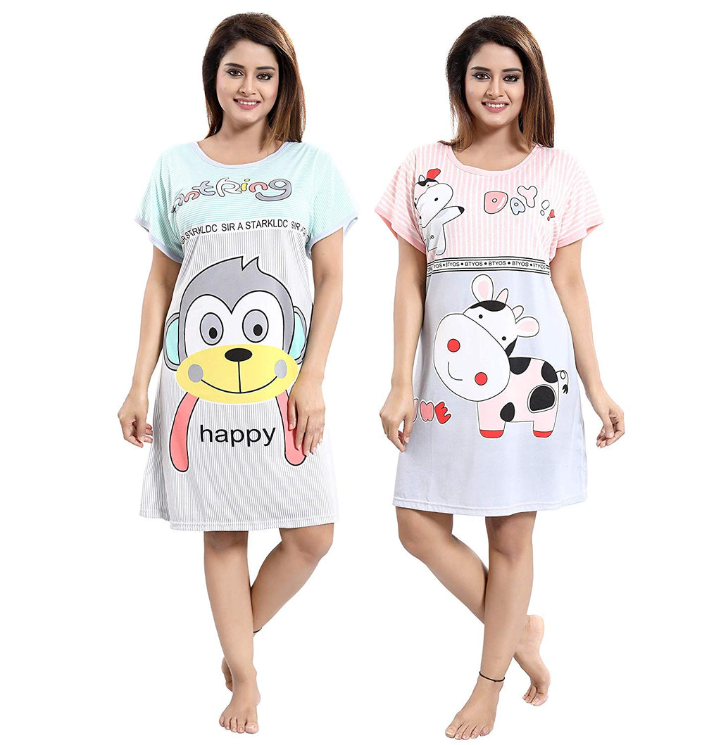 Girl's/Women's Hosiery Printed Short Length Nigthy/Nightwear or Long Top (Pack of 2)